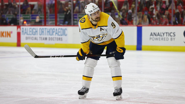RALEIGH, NC - MARCH 11: Nashville Predators left wing Filip Forsberg (9) during the 2nd period of the Carolina Hurricanes vs Nashville Predators on March 11th, 2021 at PNC Arena in Raleigh, NC.