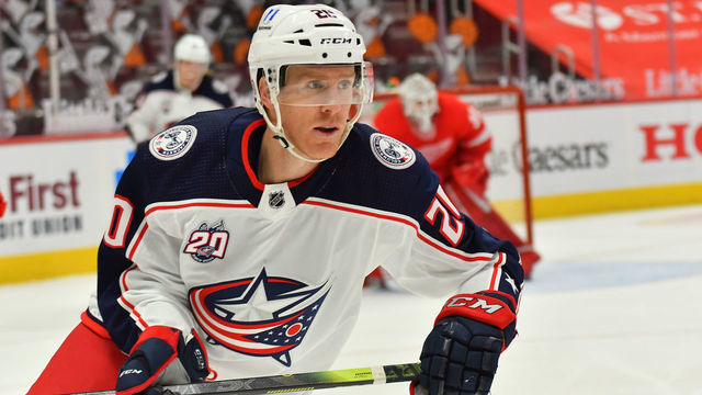 DETROIT, MI - MARCH 28: Columbus Blue Jackets Center Riley Nash (20) in action during NHL game between Columbus Blue Jackets and Detroit Red Wings on March 28, 2021 at Little Caesars Arena in Detroit, MI
