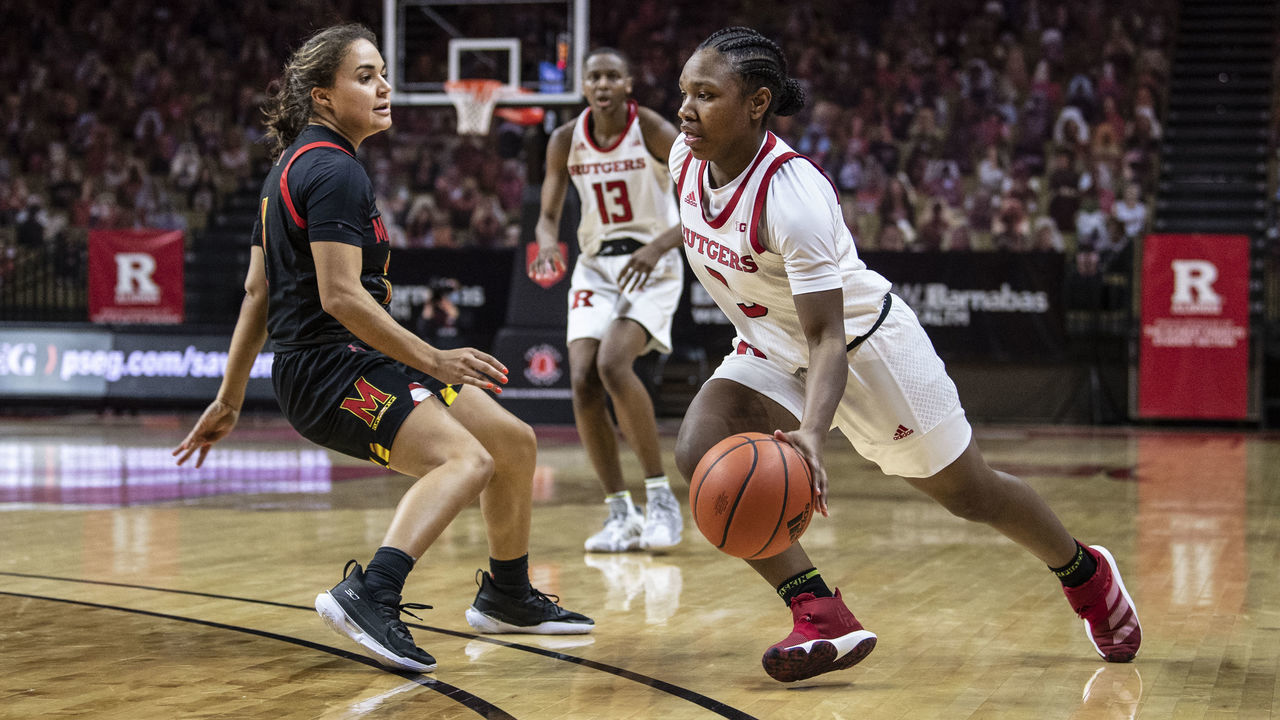 PISCATAWAY, NJ - DECEMBER 14: Diamond Johnson #3 of the Rutgers Scarlet Knights during a regular season game at Rutgers Athletic Center on December 14, 2020 in Piscataway, New Jersey.