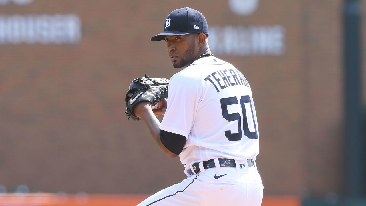 DETROIT, MI - APRIL 03: Julio Teheran #50 of the Detroit Tigers pitches during the game against the Cleveland Indians at Comerica Park on April 3, 2021 in Detroit, Michigan. The Tigers defeated the Indians 5-2.