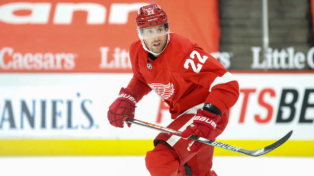 DETROIT, MI - MARCH 27: Detroit Red Wings defenseman Patrik Nemeth, of Sweden, (22) skates during a regular season NHL hockey game between the Columbus Blue Jackets and the Detroit Red Wings on March 27, 2021, at Little Caesars Arena in Detroit, Michigan.