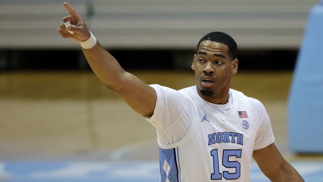 CHAPEL HILL, NORTH CAROLINA - MARCH 06: Garrison Brooks #15 of the North Carolina Tar Heels reacts following a play during the first half of their game against the Duke Blue Devils at Dean E. Smith Center on March 06, 2021 in Chapel Hill, North Carolina.