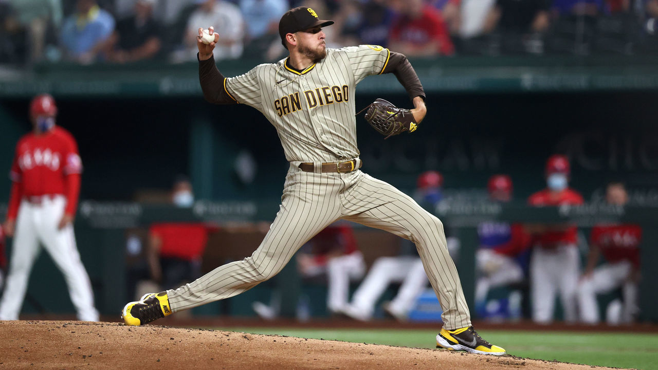ARLINGTON, TEXAS - APRIL 09: Joe Musgrove #44 of the San Diego Padres throws against the Texas Rangers in the sixth inning at Globe Life Field on April 09, 2021 in Arlington, Texas.