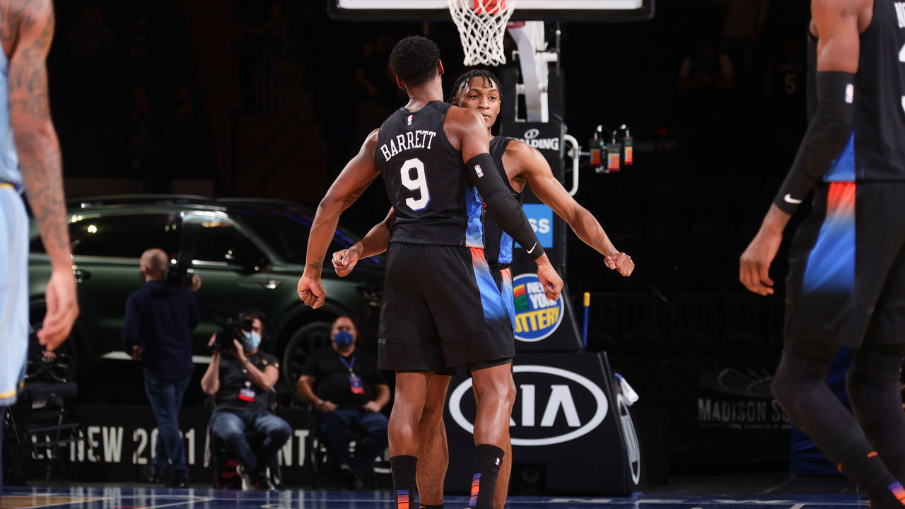 NEW YORK, NY - APRIL 9: RJ Barrett #9 of the New York Knicks chest bumps Immanuel Quickley #5 of the New York Knicks during the game against the Memphis Grizzlies on April 9, 2021 at Madison Square Garden in New York City, New York. Mandatory Copyright Notice: Copyright 2021 NBAE