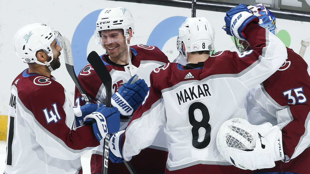 ANAHEIM, CALIFORNIA - APRIL 09: The Colorado Avalanche celebrate their 2-0 win over the Anaheim Ducks at Honda Center on April 09, 2021 in Anaheim, California.