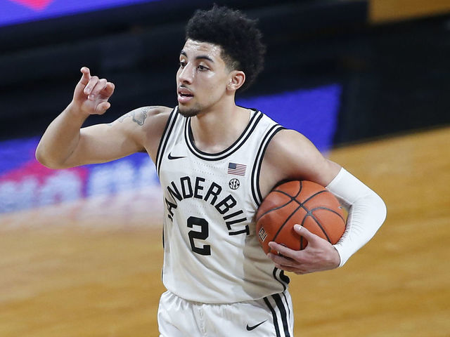 NASHVILLE, TN - FEBRUARY 09: Vanderbilt Commodores guard Scotty Pippen Jr. (2) calls a play as Auburn Tigers guard Allen Flanigan (22) defends during a game between the Vanderbilt Commodores and Auburn Tigers, February 9, 2021, at Memorial Gym in Nashville, Tennessee.