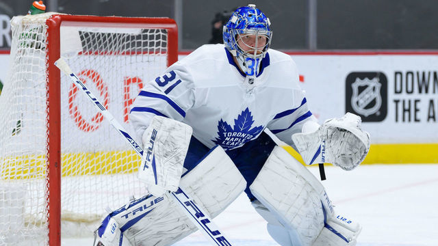 VANCOUVER, BC - MARCH 06: Toronto Maple Leafs goaltender Frederik Andersen (31) tracks the play during their NHL game against the Vancouver Canucks at Rogers Arena on March 6, 2021 in Vancouver, British Columbia, Canada.