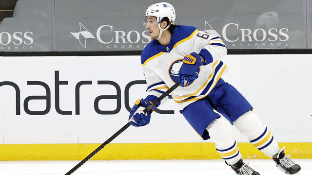 BOSTON, MA - MARCH 27: Buffalo Sabres defenseman Brandon Montour (62) starts up ice during a game between the Boston Bruins and the Buffalo Sabres on March 27, 2021, at TD Garden in Boston, Massachusetts.