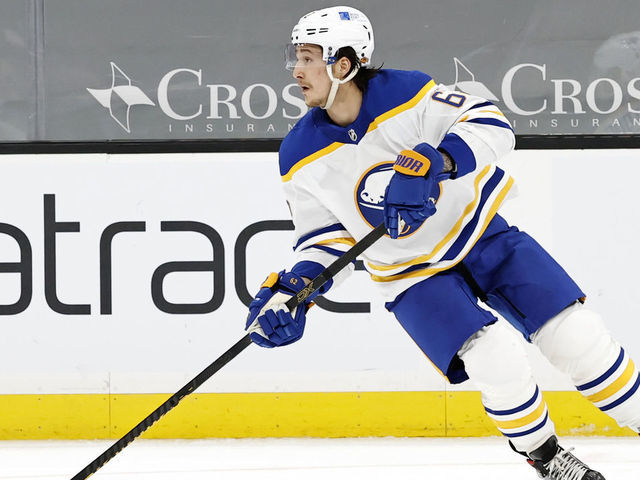 BOSTON, MA - MARCH 27: Buffalo Sabres defenseman Brandon Montour (62) starts up ice during a game between the Boston Bruins and the Buffalo Sabres on March 27, 2021, at TD Garden in Boston, Massachusetts.