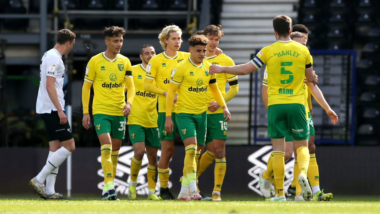 Norwich City's Kieran Dowell (centre, back) celebrates scoring their side's first goal of the game during the Sky Bet Championship match at Pride Park Stadium, Derby. Picture date: Saturday April 10, 2021.