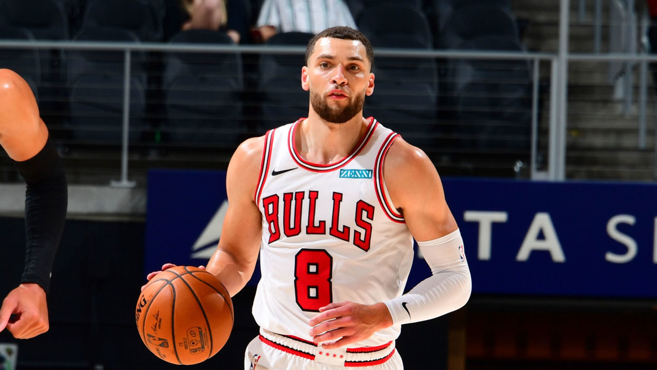 ATLANTA, GA - APRIL 9: Zach LaVine #8 of the Chicago Bulls brings the ball up court against the Atlanta Hawks on April 9, 2021 at State Farm Arena in Atlanta, Georgia. Mandatory Copyright Notice: Copyright 2021 NBAE