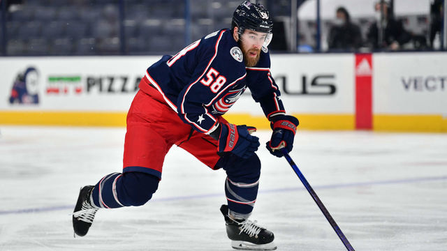 COLUMBUS, OH - MARCH 25: David Savard #58 of the Columbus Blue Jackets skates against the Carolina Hurricanes at Nationwide Arena on March 25, 2021 in Columbus, Ohio.