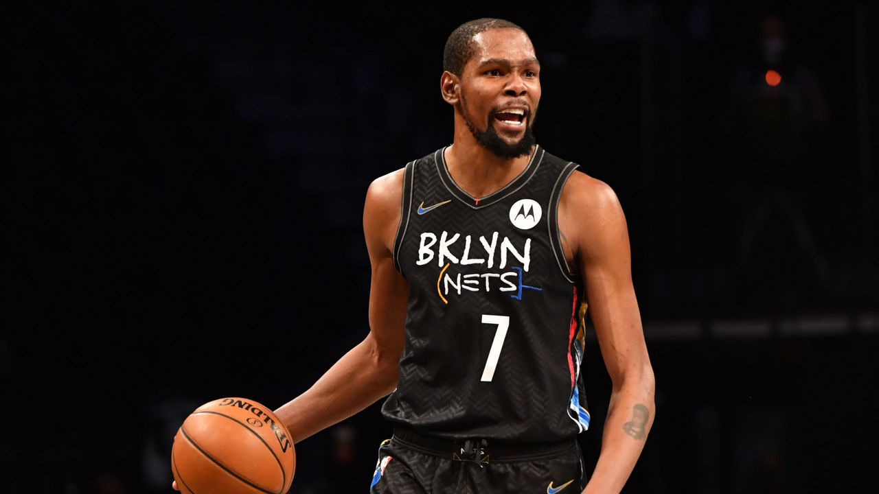 BROOKLYN, NY - APRIL 7: Kevin Durant #7 of the Brooklyn Nets handles the ball against the New Orleans Pelicans on April 7, 2021 at Barclays Center in Brooklyn, New York. NOTE TO USER: User expressly acknowledges and agrees that, by downloading and/or using this Photograph, user is consenting to the terms and conditions of the Getty Images License Agreement. Mandatory Copyright Notice: Copyright 2021 NBAE