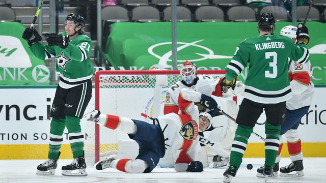 DALLAS, TX - APRIL 10: Jason Robertson #21 of the Dallas Stars celebrates a goal against the Florida Panthers at the American Airlines Center on April 10, 2021 in Dallas, Texas.