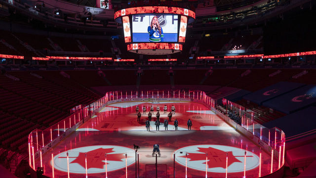 VANCOUVER, BC - JANUARY 27: Players take to the ice for the Canadian National anthem prior to the NHL game between the Vancouver Canucks and the Ottawa Senators at Rogers Arena on January 27, 2021 in Vancouver, Canada.
