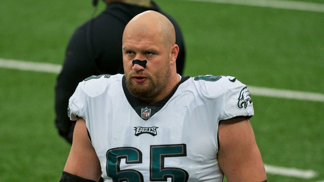 EAST RUTHERFORD, NJ - NOVEMBER 15: Philadelphia Eagles offensive tackle Lane Johnson (65) looks on during the game between the Philadelphia Eagles and the New York Giants on November 15, 2020 at MetLife Stadium in East Rutherford, NJ.