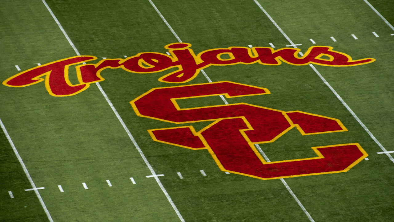 College Football: Aerial view of USC logo on field before game vs Hawaii at Los Angeles Memorial Coliseum. Los Angeles, CA 9/1/2012 CREDIT: John W. McDonough (Set Number: X155446 TK1 R2 F16 )