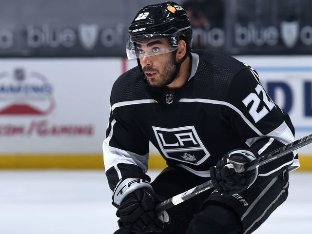 LOS ANGELES, CA - APRIL 7: Andreas Athanasiou #22 of the Los Angeles Kings skates on the ice during the second period against the Arizona Coyotes at STAPLES Center on April 7, 2021 in Los Angeles, California.