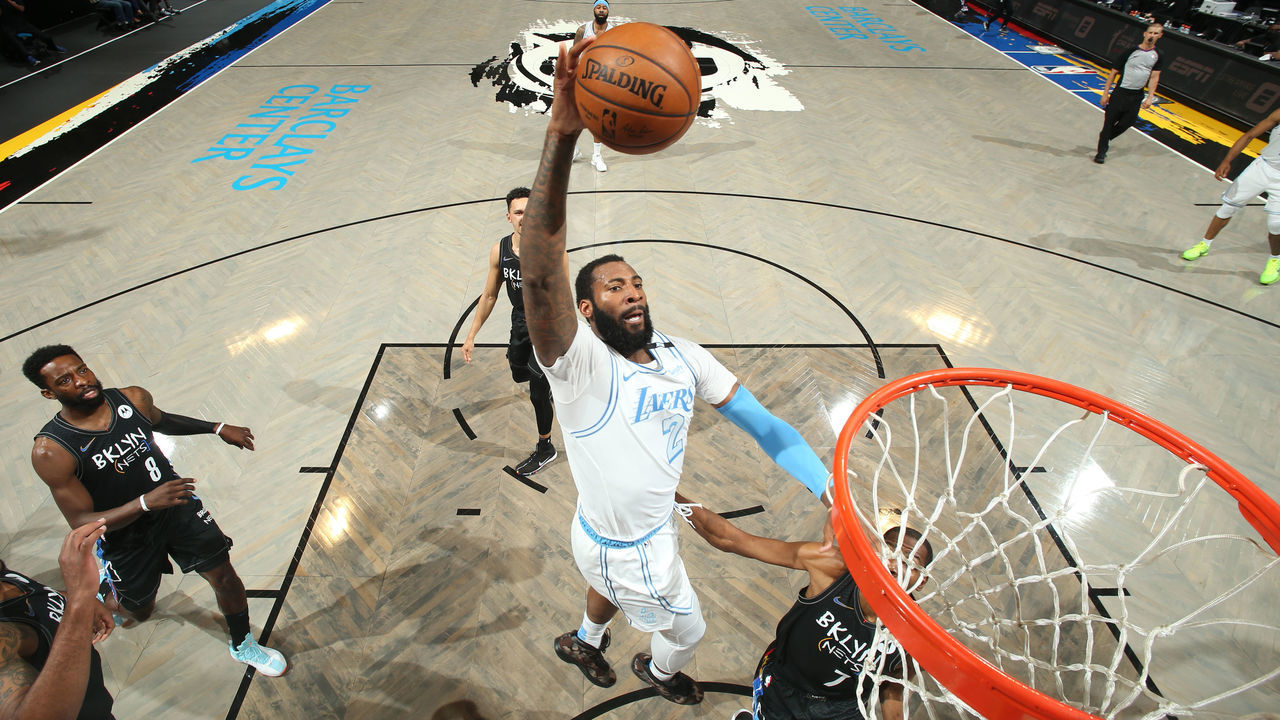 BROOKLYN, NY - APRIL 10: Andre Drummond #2 of the Los Angeles Lakers dunks the ball during the game against the Brooklyn Nets on April 10, 2021 at Barclays Center in Brooklyn, New York. Mandatory Copyright Notice: Copyright 2021 NBAE