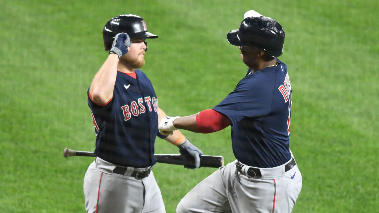 BALTIMORE, MD - APRIL 10: Rafael Devers #11 of the Boston Red Sox celebrates a solo home run in the fifth inning with Christian Arroyo #39 during a baseball game against the Boston Red Sox at Oriole Park at Camden Yards on April 10, 2021 in Baltimore Maryland.