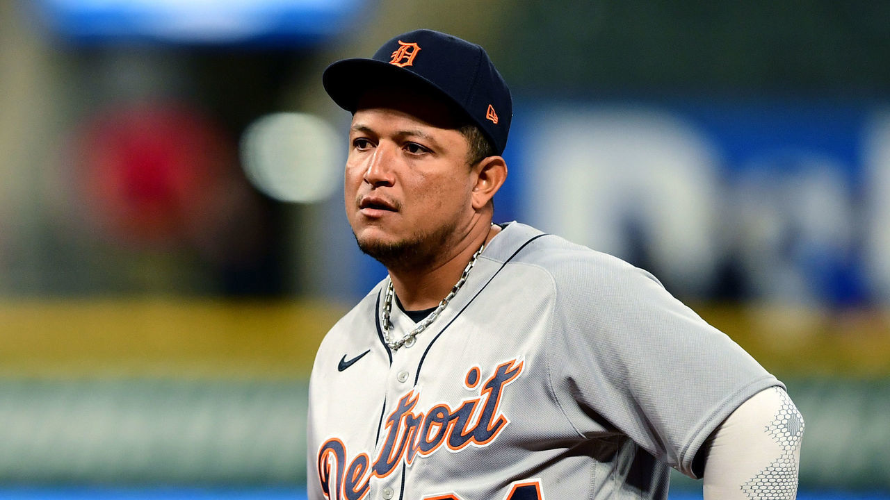 CLEVELAND, OHIO - APRIL 10: Miguel Cabrera #24 and Niko Goodrum #28 of the Detroit Tigers react to a call in the sixth inning against the Cleveland Indians during a game at Progressive Field on April 10, 2021 in Cleveland, Ohio.