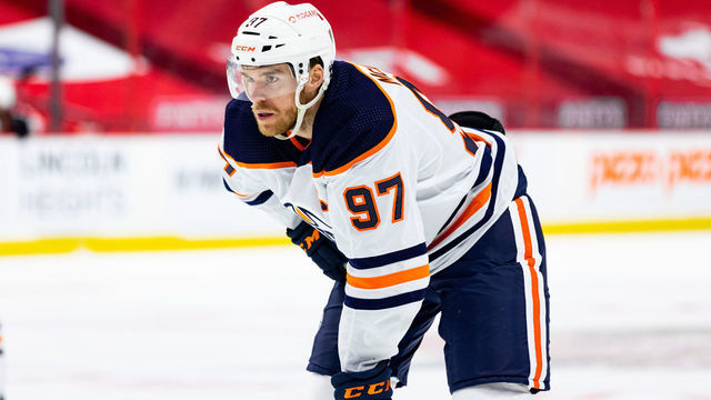 OTTAWA, ON - APRIL 08: Edmonton Oilers Center Connor McDavid (97) prepares for a face-off during third period National Hockey League action between the Edmonton Oilers and Ottawa Senators on April 8, 2021, at Canadian Tire Centre in Ottawa, ON, Canada.