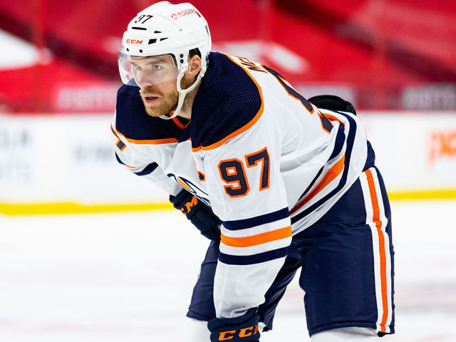 OTTAWA, ON - APRIL 08: Edmonton Oilers Center Connor McDavid (97) prepares for a face-off during third period National Hockey League action between the Edmonton Oilers and Ottawa Senators on April 8, 2021, at Canadian Tire Centre in Ottawa, ON, Canada.