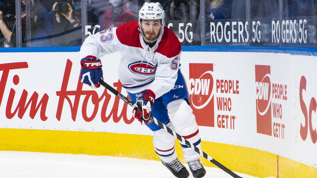 TORONTO, ON - APRIL 7: Victor Mete #53 of the Montreal Canadiens skates against the Toronto Maple Leafs during the third period at the Scotiabank Arena on April 7, 2021 in Toronto, Ontario, Canada.