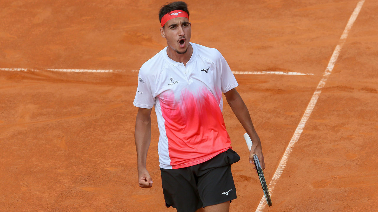 CAGLIARI, ITALY - APRIL 11: Lorenzo Sonego of Italy celebrates after winning his final match against Laslo Djere of Serbia at the Sardegna Open on April 11, 2021 in Cagliari, Italy.