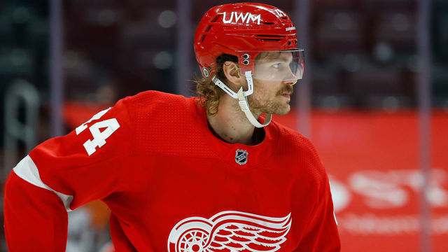 DETROIT, MI - MARCH 27: Detroit Red Wings defenseman Jon Merrill (24) looks on during a regular season NHL hockey game between the Columbus Blue Jackets and the Detroit Red Wings on March 27, 2021, at Little Caesars Arena in Detroit, Michigan.