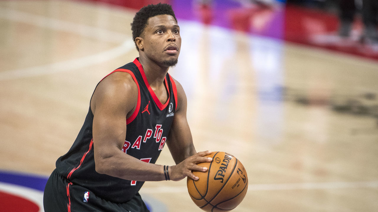 DETROIT, MICHIGAN - MARCH 29: Kyle Lowry #7 of the Toronto Raptors shoots a free throw during the second quarter of the game against the Detroit Pistons at Little Caesars Arena on March 29, 2021 in Detroit, Michigan.