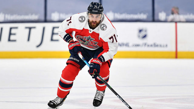 COLUMBUS, OH - MARCH 13: Nick Foligno #71 of the Columbus Blue Jackets skates against the Dallas Stars at Nationwide Arena on March 13, 2021 in Columbus, Ohio.