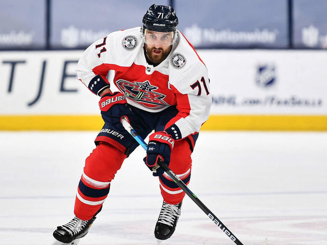 COLUMBUS, OH - MARCH 13: Nick Foligno #71 of the Columbus Blue Jackets skates against the Dallas Stars at Nationwide Arena on March 13, 2021 in Columbus, Ohio.