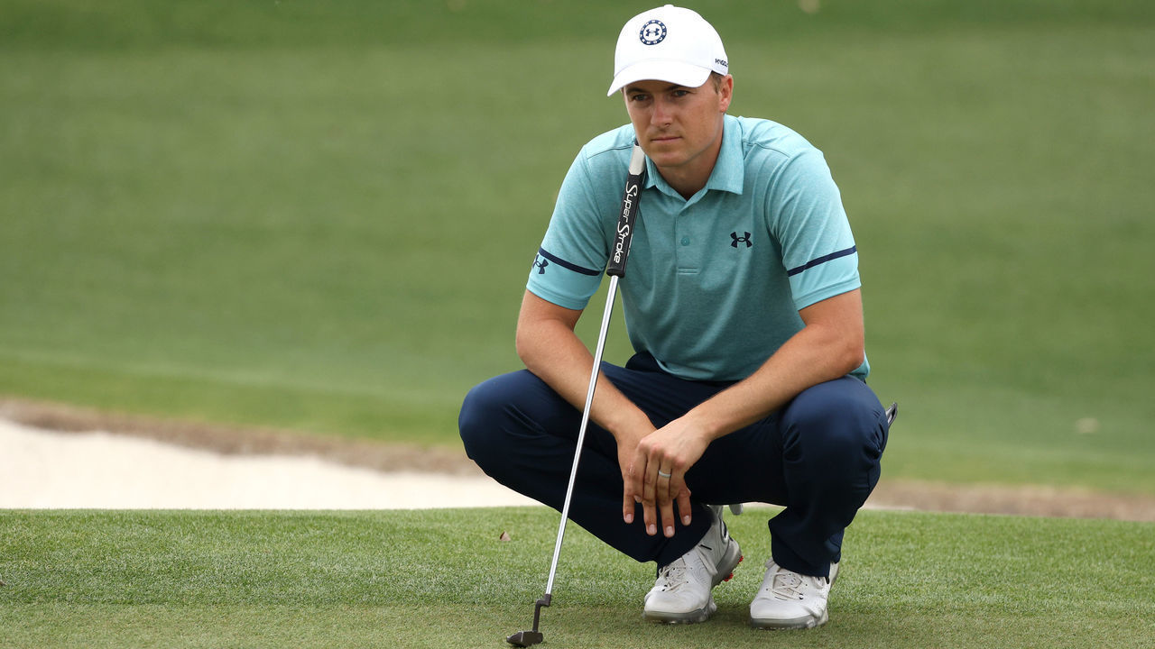 AUGUSTA, GEORGIA - APRIL 09: Jordan Spieth of the United States lines up a putt on the 18th green during the second round of the Masters at Augusta National Golf Club on April 09, 2021 in Augusta, Georgia.