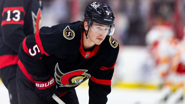 OTTAWA, ON - MARCH 24: Ottawa Senators Defenceman Mike Reilly (5) during warm-up before National Hockey League action between the Calgary Flames and Ottawa Senators on March 24, 2021, at Canadian Tire Centre in Ottawa, ON, Canada.