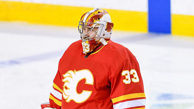 CALGARY, AB - APRIL 04: Calgary Flames Goalie David Rittich (33) warms up before an NHL game where the Calgary Flames hosted the Toronto Maple Leafs on April 4, 2021, at the Scotiabank Saddledome in Calgary, AB.