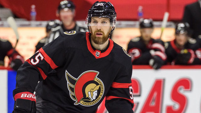 OTTAWA, ON - APRIL 07: Ottawa Senators Defenceman Braydon Coburn (55) skates during the second period of the NHL game between the Ottawa Senators and the Edmonton Oilers on April 07, 2021 at the Canadian Tire Centre in Ottawa, Ontario, Canada.