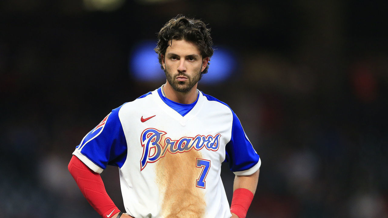 ATLANTA, GA - APRIL 09: Dansby Swanson #7 of the Atlanta Braves looks on during the Atlanta Braves 2021 season home opener against the Philadelphia Phillies on April 09, 2021 at Truist Park in Atlanta, Georgia.