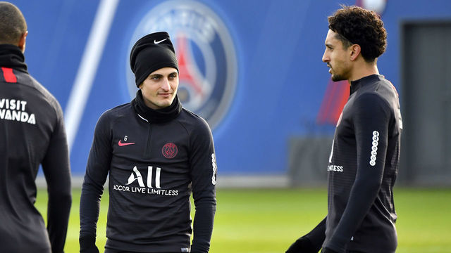 PARIS, FRANCE - JANUARY 17: Marco Verratti and Marquinhos react during a Paris Saint-Germain training session at Ooredoo Center on January 17, 2020 in Paris, France.