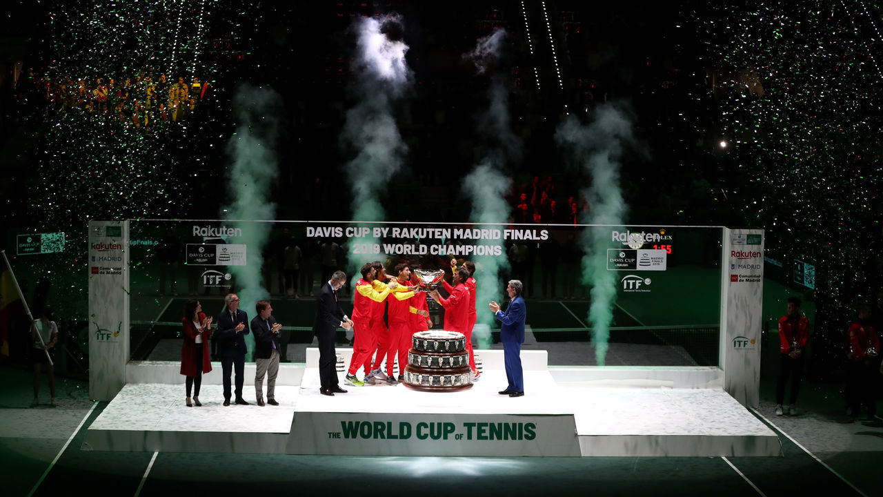 MADRID, SPAIN - NOVEMBER 24: A general view as Rafael Nadal of Spain and team mates celebrate with the trophy following victory in the Final between Spain and Canada during Day Seven of the 2019 David Cup at La Caja Magica on November 24, 2019 in Madrid, Spain.