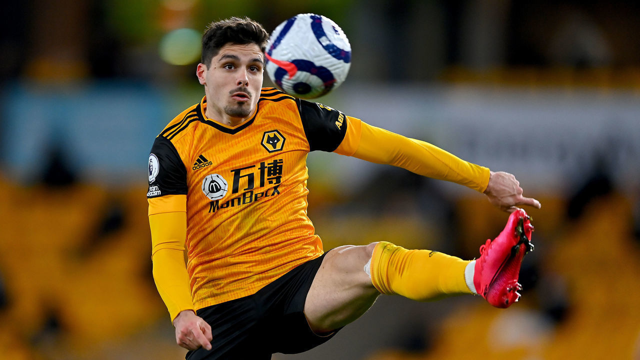 WOLVERHAMPTON, ENGLAND - APRIL 05: Pedro Neto of Wolverhampton Wanderers during the Premier League match between Wolverhampton Wanderers and West Ham United Molineux Stadium on April 5, 2021 in Manchester, United Kingdom. Sporting stadiums around the UK remain under strict restrictions due to the Coronavirus Pandemic as Government social distancing laws prohibit fans inside venues resulting in games being played behind closed doors.