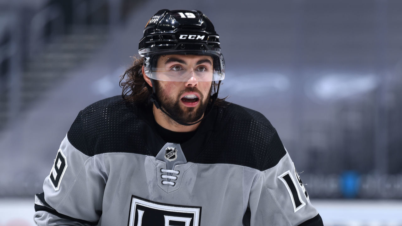 LOS ANGELES, CA - APRIL 3: Alex Iafallo #19 of the Los Angeles Kings looks on during the third period against the San Jose Sharks at STAPLES Center on April 3, 2021 in Los Angeles, California.
