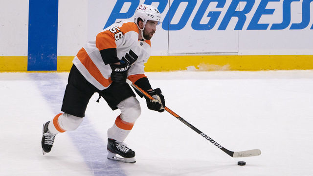 UNIONDALE, NY - MARCH 20: Philadelphia Flyers Defenseman Erik Gustafsson (56) skates with the puck during the second period of the game between the Philadelphia Flyers and the New York Islanders on March 20, 2021, at thee Nassau Veterans Memorial Coliseum in Uniondale, NY.