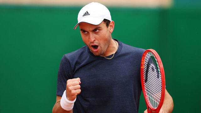 MONTE-CARLO, MONACO - APRIL 12: Aslan Karatsev of Russia celebrates in his Singles Match against Lorenzo Musetti of Italy during the First Round of the Rolex Monte-Carlo Masters at Monte-Carlo Country Club on April 12, 2021 in Monte-Carlo, Monaco.
