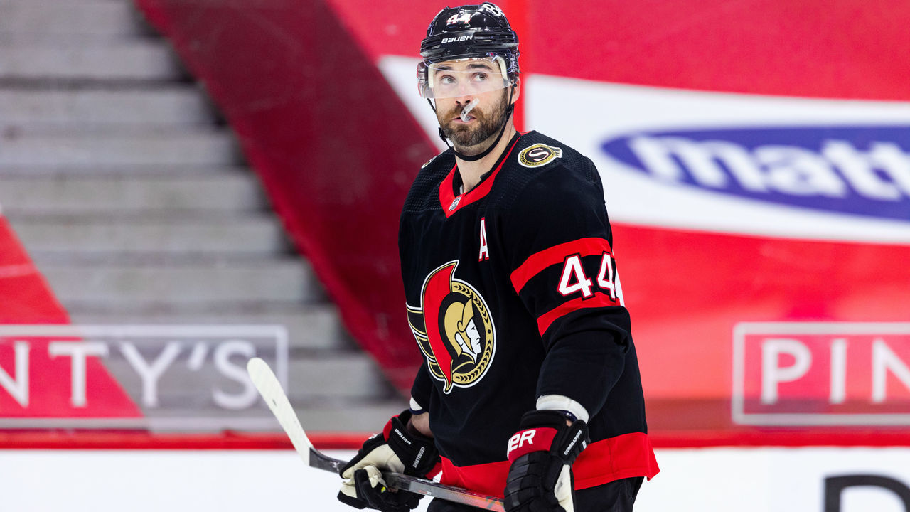 OTTAWA, ON - APRIL 08: Ottawa Senators Defenceman Erik Gudbranson (44) waits while there is a TV timeout during first period National Hockey League action between the Edmonton Oilers and Ottawa Senators on April 8, 2021, at Canadian Tire Centre in Ottawa, ON, Canada.