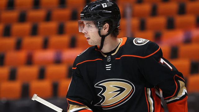 ANAHEIM, CALIFORNIA - FEBRUARY 27: Ben Hutton #7 of the Anaheim Ducks looks on during the second period of a game against the Vegas Golden Knights at Honda Center on February 27, 2021 in Anaheim, California.