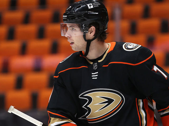 ANAHEIM, CALIFORNIA - FEBRUARY 27: Ben Hutton #7 of the Anaheim Ducks looks on during the second period of a game against the Vegas Golden Knights at Honda Center on February 27, 2021 in Anaheim, California.