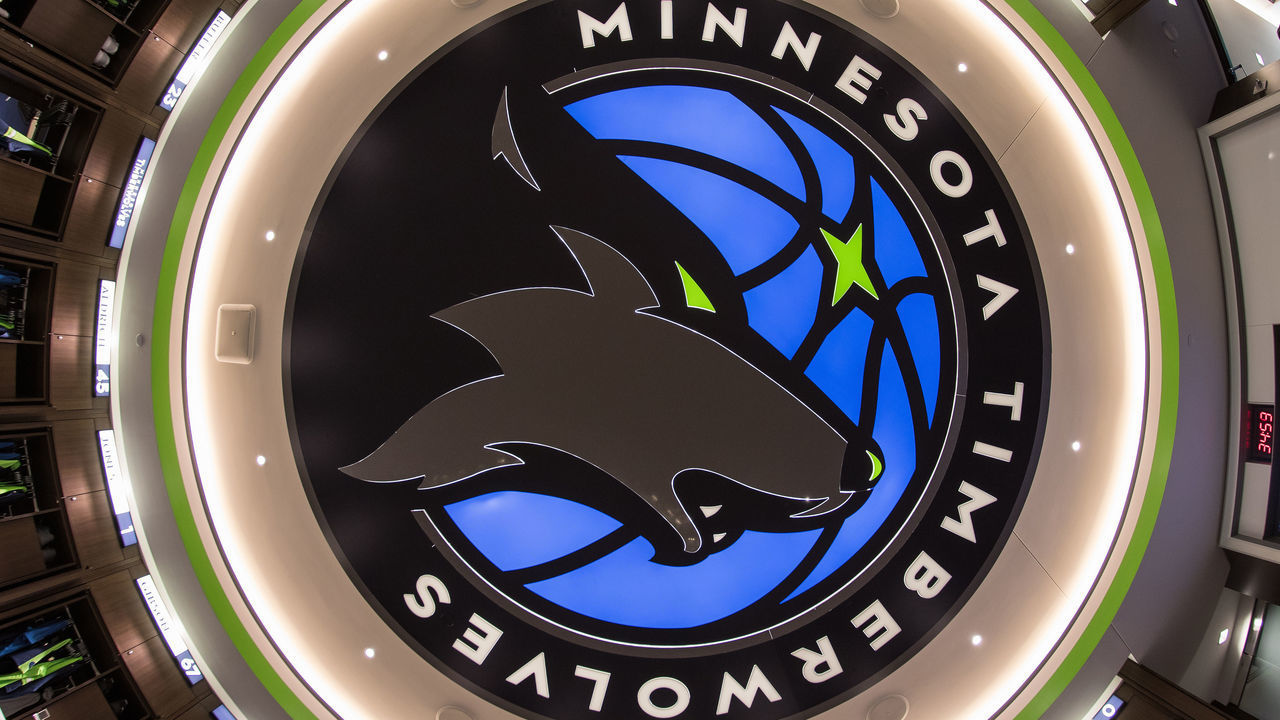 MINNEAPOLIS, MN - DECEMBER 16: A wide angle view of the logo in the Minnesota Timberwolves locker room before the game against the Phoenix Suns on December 16, 2017 at Target Center in Minneapolis, Minnesota. Mandatory Copyright Notice: Copyright 2017 NBAE