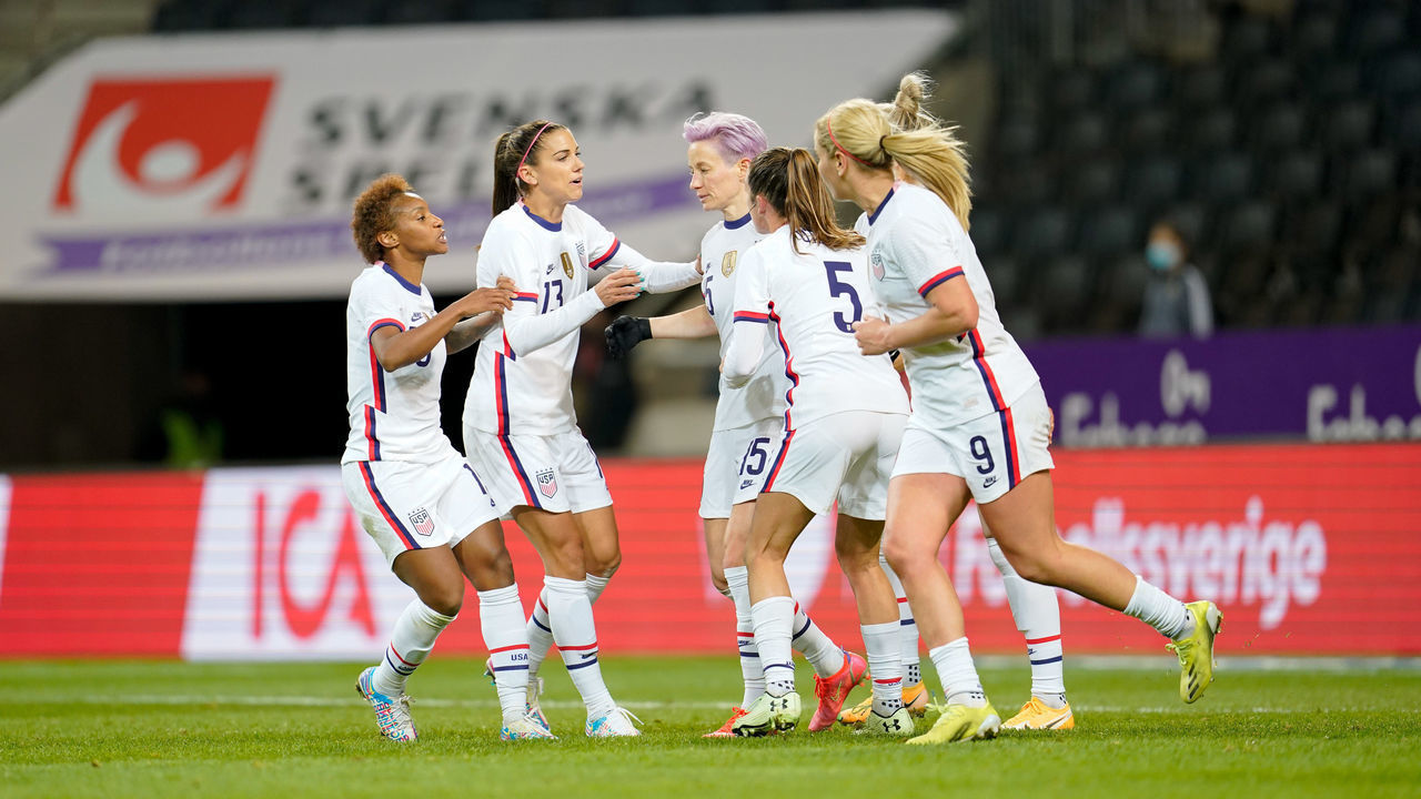 SOLNA, SWEDEN - APRIL 10: Megan Rapinoe #15 of the United States scores a PK goal and celebrates during a game between Sweden and USWNT at Friends Arena on April 10, 2021 in Solna, Sweden.