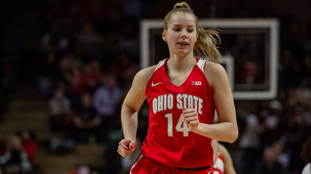 PISCATAWAY, NJ - FEBRUARY 22: Ohio State Buckeyes forward Dorka Juhasz (14) during the Big Ten college basketball game between the Ohio State Buckeyes and Rutgers Scarlet Knights on February 22, 2020 at Louis Brown Athletic Center in Piscataway, NJ